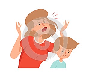 Domestic violence. Angry mother, sad boy. Bullying and abusing behavior. Woman scream on son vector illustration