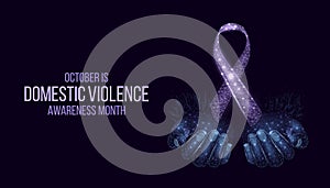 Domestic Violence Awareness Month concept. Banner template with glowing low poly purple ribbon. Futuristic modern