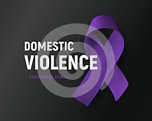 Domestic violence banner. Purple ribbon against home abuse poster. Abused victim support vector illustration on black