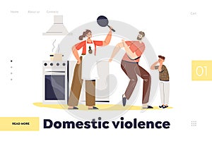 Domestic violence concept of landing page with angry wife and mother screaming at dad and kid
