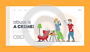 Domestic Violence and Spousal Abuse Landing Page Template. Young Family Quarrel and Swear in Living Room photo