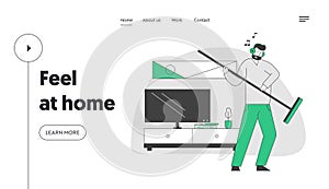 Domestic Work Website Landing Page. Man in Headset Listening Music and Dancing with Broom as it is Electric Guitar