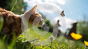 A domestic yellow house cat playing with the butterfly at the backyard blur nature background and sunny day