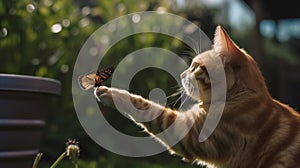 A domestic yellow house cat playing with the butterfly at the backyard blur nature background and sunny day. Cat holding a