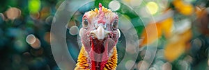 Domesticated turkey roaming free on the farm with ample copy space for banner advertisement photo
