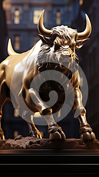 Dominant bull statue fronts stocks, graph vector, encapsulating market optimism with realism