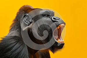 Dominant Force: Aggressive Gorilla on Yellow Background. Generative ai