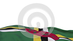 Dominica fabric flag waving on the wind loop. Dominica embroidery stiched cloth banner swaying on the breeze. Half-filled white