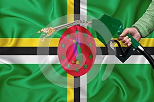 DOMINICA flag Close-up shot on waving background texture with Fuel pump nozzle in hand. The concept of design solutions. 3d