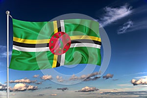 Dominica  national flag waving in the wind against deep blue sky.  International relations concept