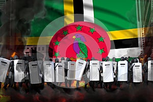 Dominica police swat on city street are protecting state against revolt - protest stopping concept, military 3D Illustration on