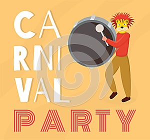 Dominican carnival party banner vector template. Latino drummer, musician in animal mask playing drum cartoon character