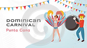 Dominican festival flat banner vector template. Dancer in beautiful costume and drummer in lion mask cartoon characters