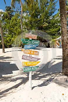 Dominican Republic Bavaro Punta Cana provinces La Altagracia. Wooden pillar with signposts directions photo