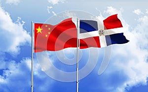 Dominican Republic,China flags together waving against blue sky