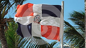 Dominican Republic Flag Waving In Slow Motion With Palm Trees In The Background
