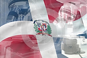 Dominican Republic science development conceptual background - microscope on flag. Research in nanotechnology or pharmacy, 3D