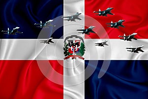 Dominicana flag, background with space for your logo - military 3D illustration. Air parade, military air show, air parade of