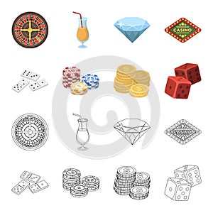 Domino bones, stack of chips, a pile of mont, playing blocks. Casino and gambling set collection icons in cartoon