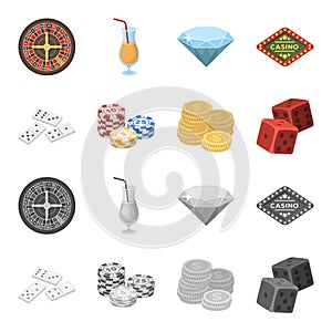 Domino bones, stack of chips, a pile of mont, playing blocks. Casino and gambling set collection icons in cartoon