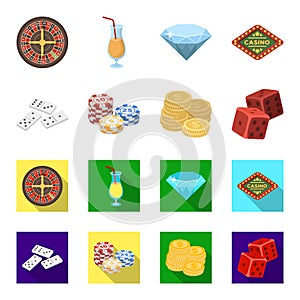 Domino bones, stack of chips, a pile of mont, playing blocks. Casino and gambling set collection icons in cartoon,flat