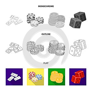 Domino bones, stack of chips, a pile of mont, playing blocks. Casino and gambling set collection icons in flat,outline