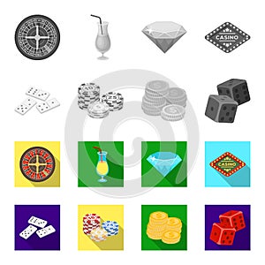 Domino bones, stack of chips, a pile of mont, playing blocks. Casino and gambling set collection icons in monochrome