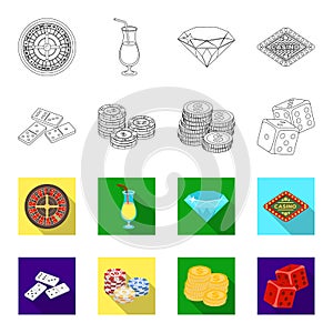 Domino bones, stack of chips, a pile of mont, playing blocks. Casino and gambling set collection icons in outline,flet