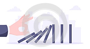 Domino effect business concept. Hand starts chain reaction of falling board game blocks of dominoes flat style vector