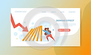 Domino effect of businessman pushing hard against falling domino vector illustration