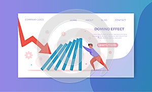 Domino effect of businessman pushing hard against falling domino vector illustration