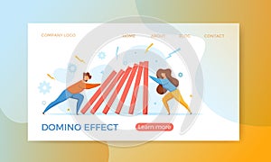 Domino effect of businessman pushing hard against falling domino vector illustration