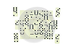 Domino full set isolated on white background. Dominoes bones art design. Abstract concept 28 pieces for game.