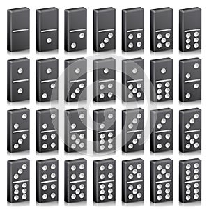 Domino Full Set Vector Realistic 3D Illustration. Black Color. Classic Game Dominoes Bones On White. Top View