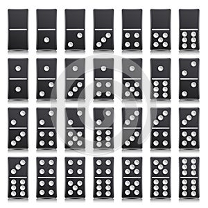 Domino Full Set Vector Realistic Illustration. Black Color. Classic Game Dominoes Bones On White. Top View. For