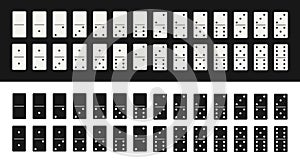 Domino game. Chip of dominoes. White and black domino icon isolated on board. Set of block for gambling. Full series of wooden