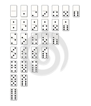 Domino tile set. White bones with black dots. Vector simple board game. Isolated graphic strategy game illustration