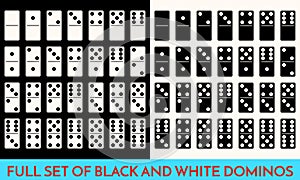 Domino White and black Color Set . Full Classic Game Dominoes bones Isolated On White. Modern Collection Vector