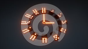 Dominoes Gambling Clock Concept With Neon Orange Lights Isolated On The Black Background - 3D Illustration