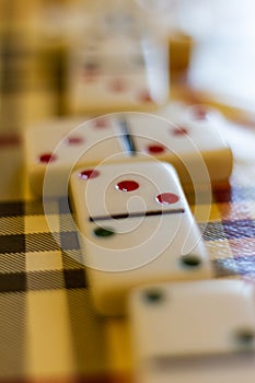 Dominoes on a table with plaid