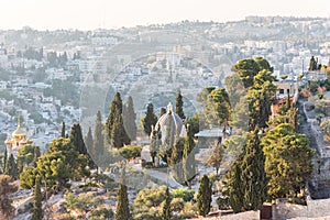 Dominus Flevit Church, a Roman Catholic church on the Mount of Olives, opposite the walls of the Old City of Jerusalem. And