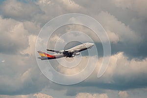 Domodedovo, Russia - May 12, 2019: Boeing 747-419 BDSF type code: B744 Asiana Cargo Airlines take off at Domodedovo