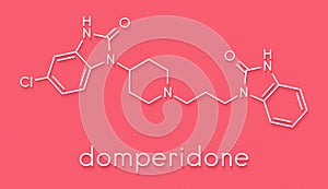Domperidone nausea and vomiting suppressing drug molecule. Also used to promote lactation. Skeletal formula. photo