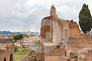 The Domus Augustana or Roman Palace of Domitian with St. Peter\'s Basilica on background