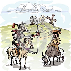 Don Quixote with his servant, Sancho Panza contemplating the windmills