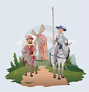 Don Quixote and Sancho Panza riding on windmill background. Book characters. Flat vector illustration. photo