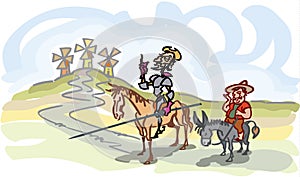 Don Quixote with Sancho Panza with the windmills, a simple illustration