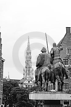 Don quixote statue looking and city hall in Brussels