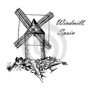 Don Quixote Windmills in Consuegra Spain sketch hand drawn graphics illustration