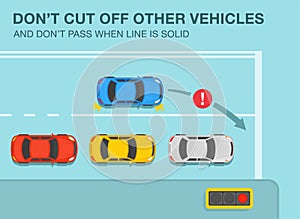 Don`t cut off other vehicles and no passing when line is solid warning. Changing lanes while driving a car.